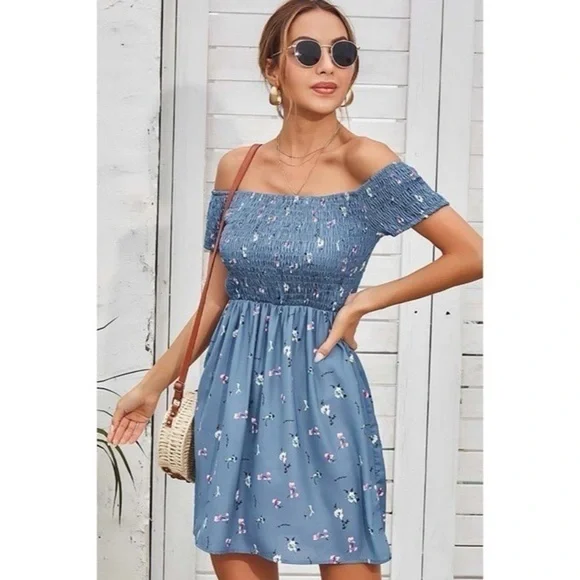 Boutique off shoulder smocked mini skater dress - Picture 2 of 3